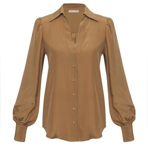 GOLD HAWK Shirt 100% Silk Size XS Blouse‎ Top Tan Luxury Business Casual Party